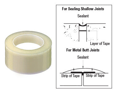 A roll of adhesive-backed bond breaker tape is shown next to a diagram illustrating its application in shallow and metal butt joints.