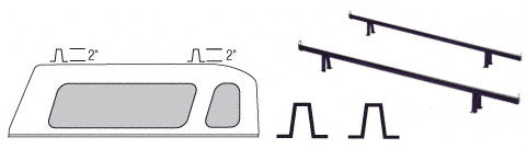 A diagram showing 2-inch black mounting legs installed on a truck cap alongside a pair of load rails.