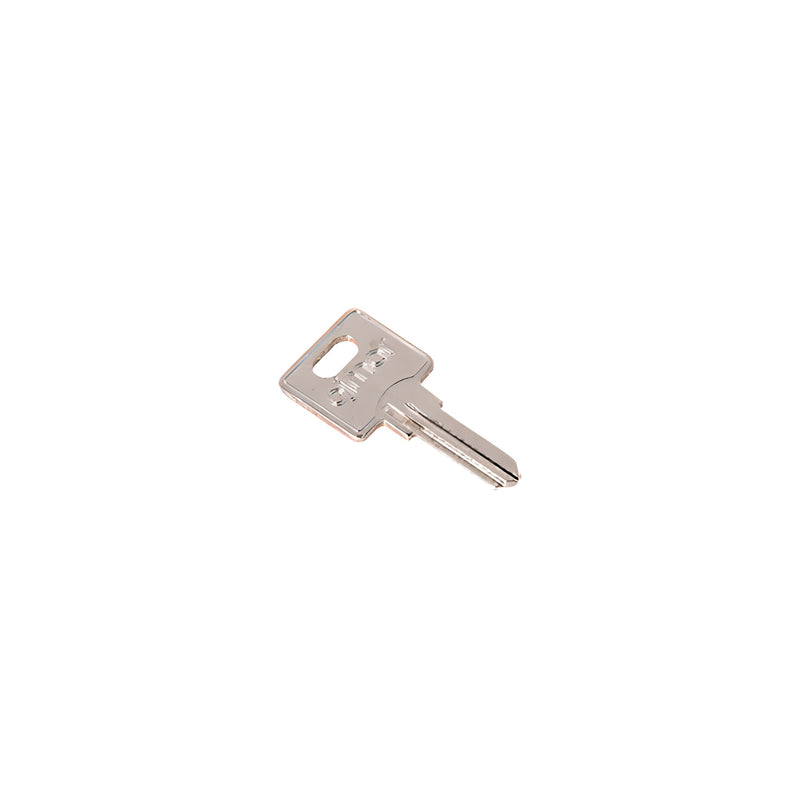 A silver-colored metal blank key with a two-sided cut design.