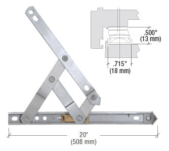 A 20-inch stainless steel 4-bar friction hinge shown with a technical diagram of its profile dimensions.