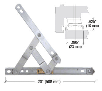 A 20-inch heavy-duty stainless steel 4-bar friction hinge shown with a technical diagram of its profile dimensions.