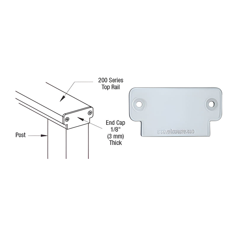A technical diagram showing the CRL 200 Series decorative end cap installed on a top rail alongside a front-facing view of the mill finish component.