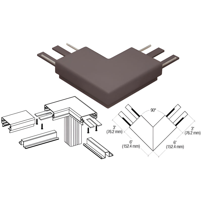 A matte bronze 200 series 90-degree top cap corner piece shown with technical line drawings and installation dimensions.