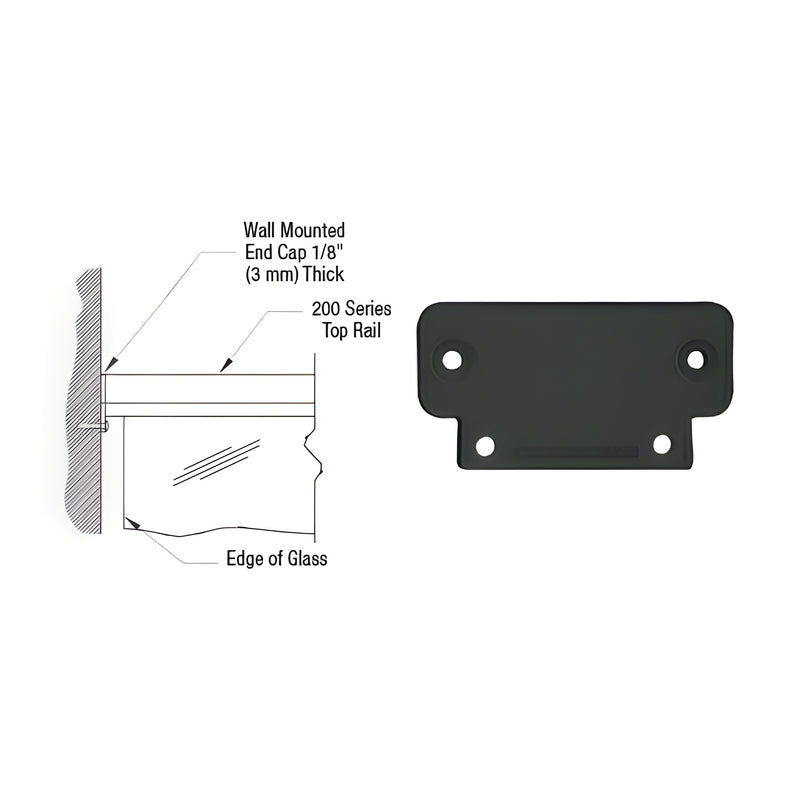 A technical diagram showing the installation of a matte black 200 Series wall mount end cap on a glass railing system.