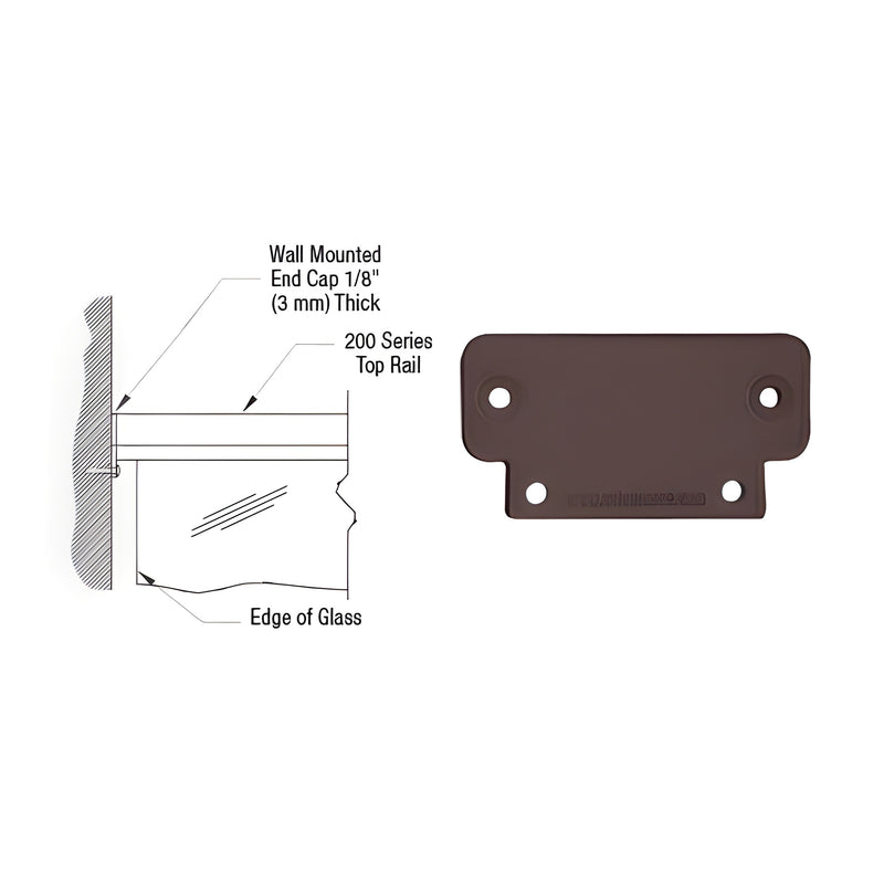 A technical diagram showing a matte bronze wall mount end cap installed on a 200 Series top rail next to a glass panel.