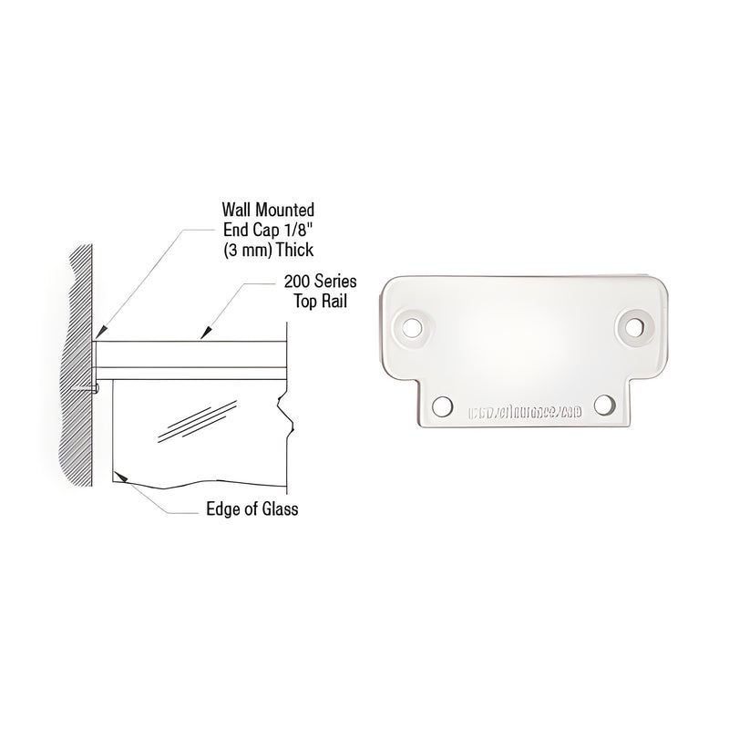 A technical diagram and product view of the white 200 Series wall mount end cap for glass railing systems.