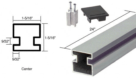 A 24-inch satin anodized aluminum center counter post shown with its profile diagram, concealed lug, and flat cap.