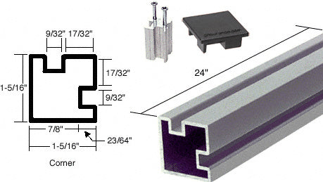 A 24-inch satin anodized aluminum corner counter post shown with a technical cross-section diagram, mounting lug, and flat cap.