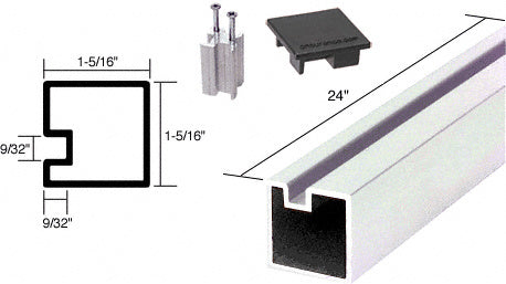 A 24-inch brite anodized aluminum end post with a square profile, concealed lug base, and flat cap shown with technical dimension diagrams.