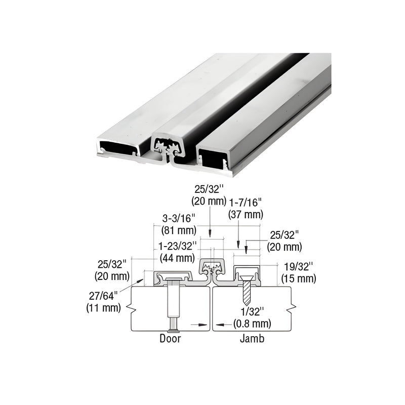 A technical diagram and product view of a satin anodized 250 series heavy-duty full surface continuous hinge with dimensions.