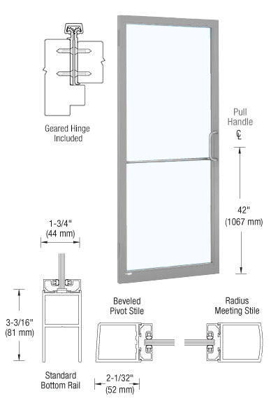 Technical diagram showing the CRL-U.S. Aluminum 250 Series narrow stile inactive door leaf with geared hinge and bottom rail details.