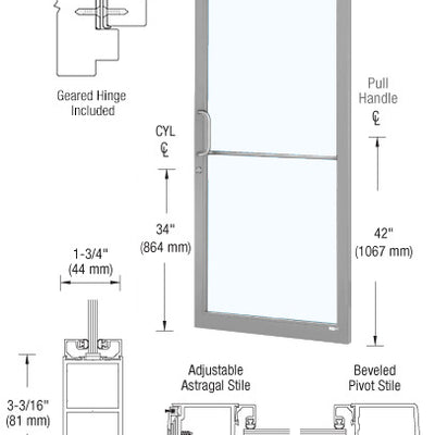 CRL-U.S. Aluminum Clear Anodized 250 Series Narrow Stile Active Leaf of Pair 3'0 x 7'0 Offset Hung with Geared Hinged Complete Door for 1" Glass with Standard MS Lock and Bottom Rail