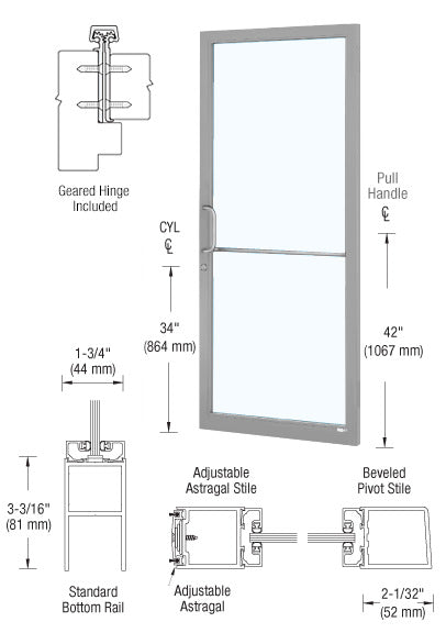 Technical diagram showing the components and dimensions of a CRL-U.S. Aluminum 250 Series narrow stile active leaf door with geared hinge.