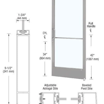 CRL-U.S. Aluminum Clear Anodized 250 Series Narrow Stile Active Leaf of Pair 3'0 x 7'0 Offset Hung with Pivots for Surface Mount Closer Complete ADA Door with Lock Indicator, Cylinder Guard - for 1/4" Glazing