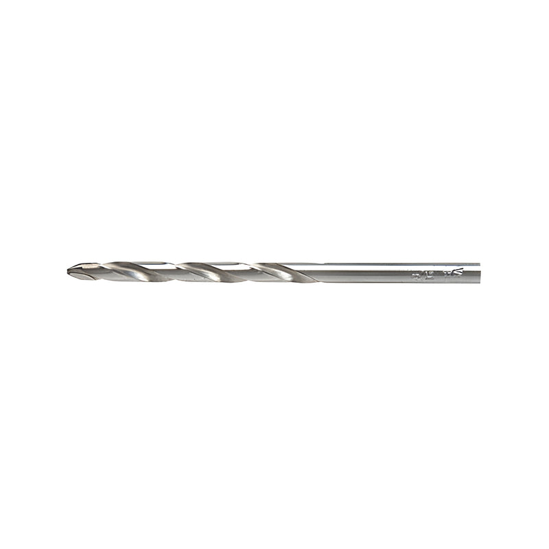 A close-up view of a 3-inch metal drill bit with a round shank designed for plastic materials.