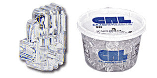 A close-up view of a clear acrylic mirror clip next to a bulk container of CRL 3/16 inch standard plastic mirror clips.