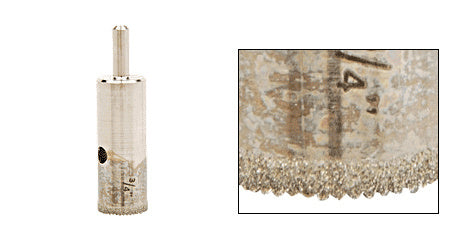 A 3/4 inch diamond-plated drill bit with a 3/8 inch reduced round shank shown alongside a close-up of the diamond cutting edge.