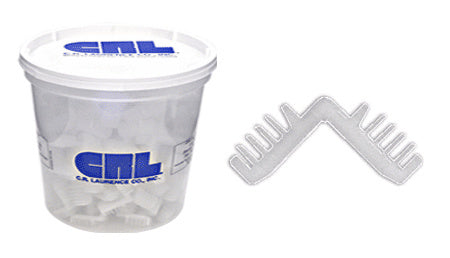 A plastic container filled with white nylon corner keys and a single corner key shown next to it.