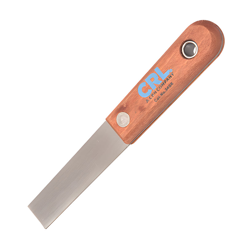 A CRL 3/4-inch stiff putty knife featuring a metal scraper blade and a wooden handle with a hanging hole.
