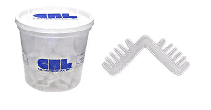 A plastic container of white nylon corner keys and a single 3/8-inch nylon corner spacer shown next to it.