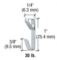 A technical diagram showing the dimensions of a metal 30-pound capacity picture hanger.
