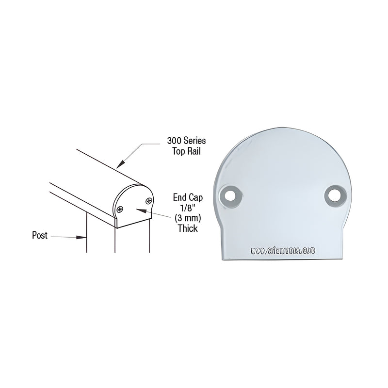 A technical diagram and product view showing the CRL 300 Series decorative end cap with a mill finish.