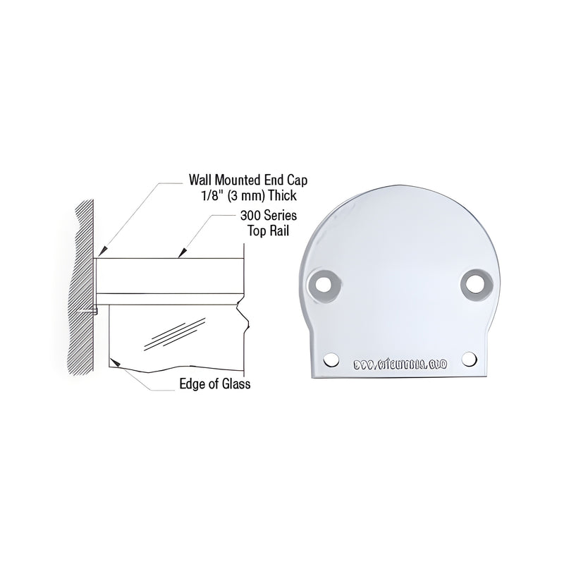 A technical diagram showing the wall mount end cap installation alongside a front view of the clear anodized aluminum end cap.