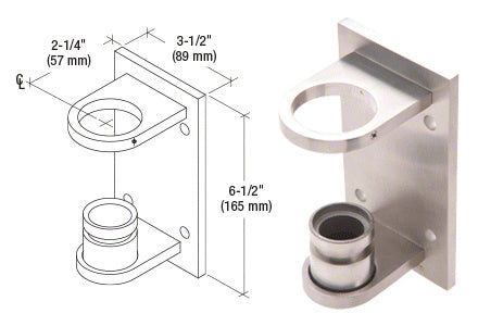 A technical line drawing and a 3D view of the brushed stainless steel fascia mount bracket showing its dimensions and mounting plate.