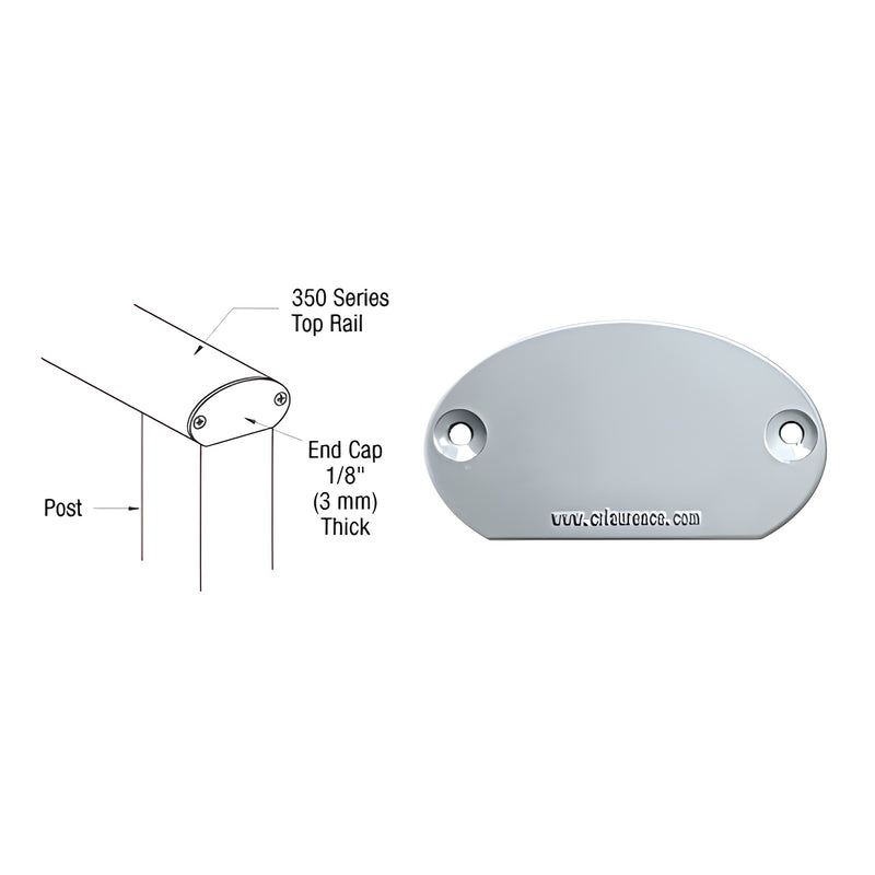 A technical diagram showing the installation of a 350 Series decorative end cap on a top rail alongside a front view of the mill finish component.