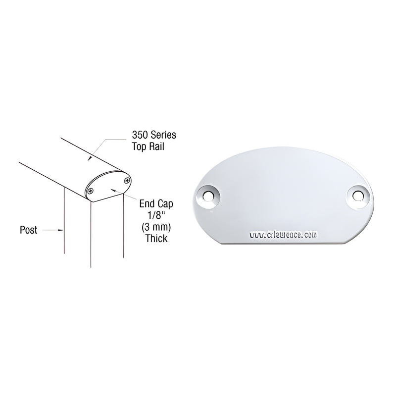 A clear anodized aluminum decorative end cap for 350 Series top rails shown in a diagram and a product photo.