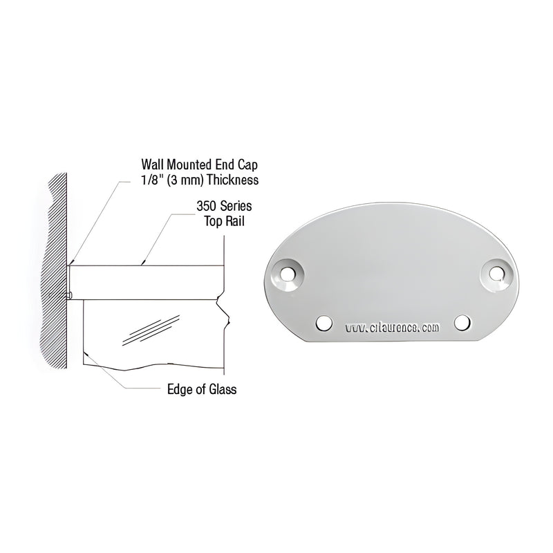 A technical diagram and product view showing the silver metallic 350X Series wall mount end cap for glass top rails.