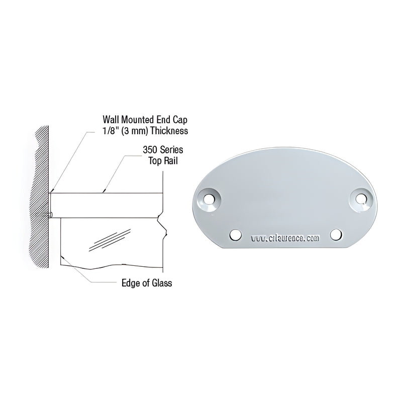 A technical diagram and product view of the mill finish CRL 350X Series wall mount end cap for glass railing top rails.