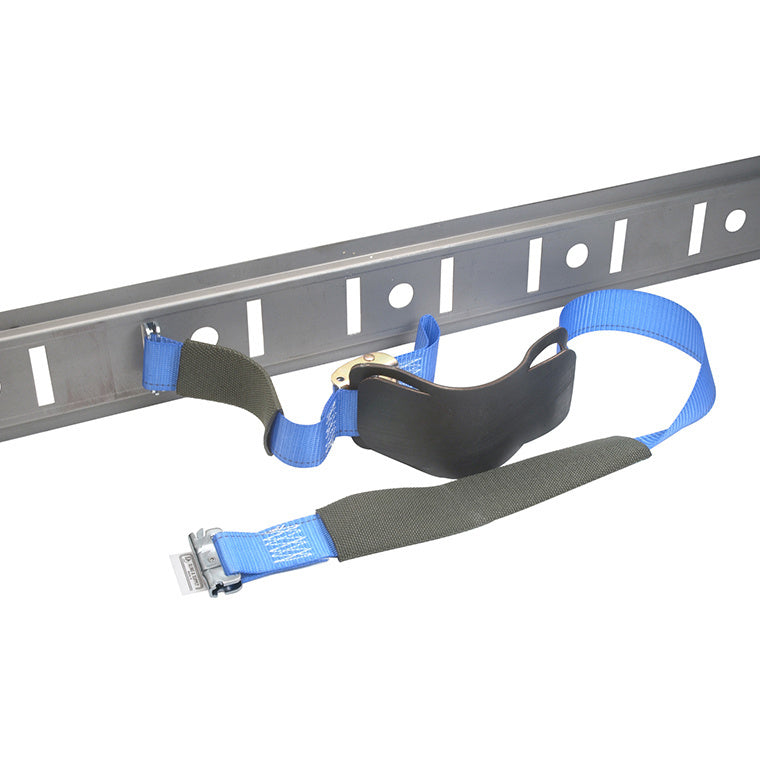 A 4-foot blue polyester glass tie strap with steel hardware and a protective pad attached to a metal track.