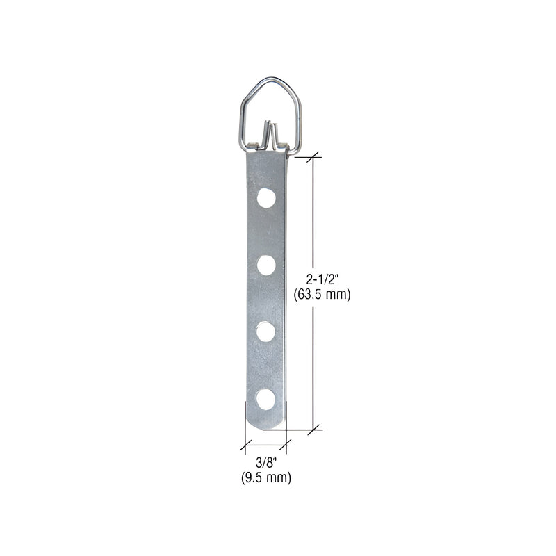 A zinc-plated steel CRL 4-hole strap wire eyelet swivel type hanger with dimensional callouts showing a 2-1/2 inch length and 3/8 inch width.