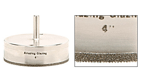 A 4-inch Amazing Glazing diamond-plated drill bit with a 3/8-inch reduced round shank shown in full and close-up views.