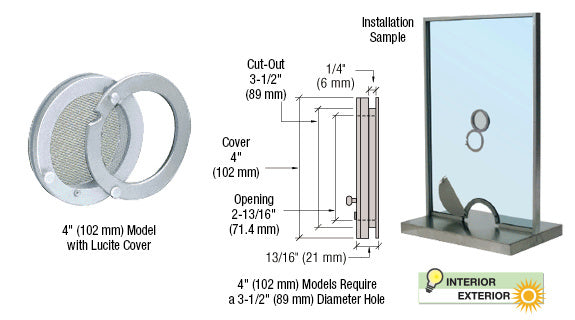 A technical diagram showing the CRL 4-inch satin anodized speak-thru with a lucite cover, including installation dimensions and a glass mounting sample.