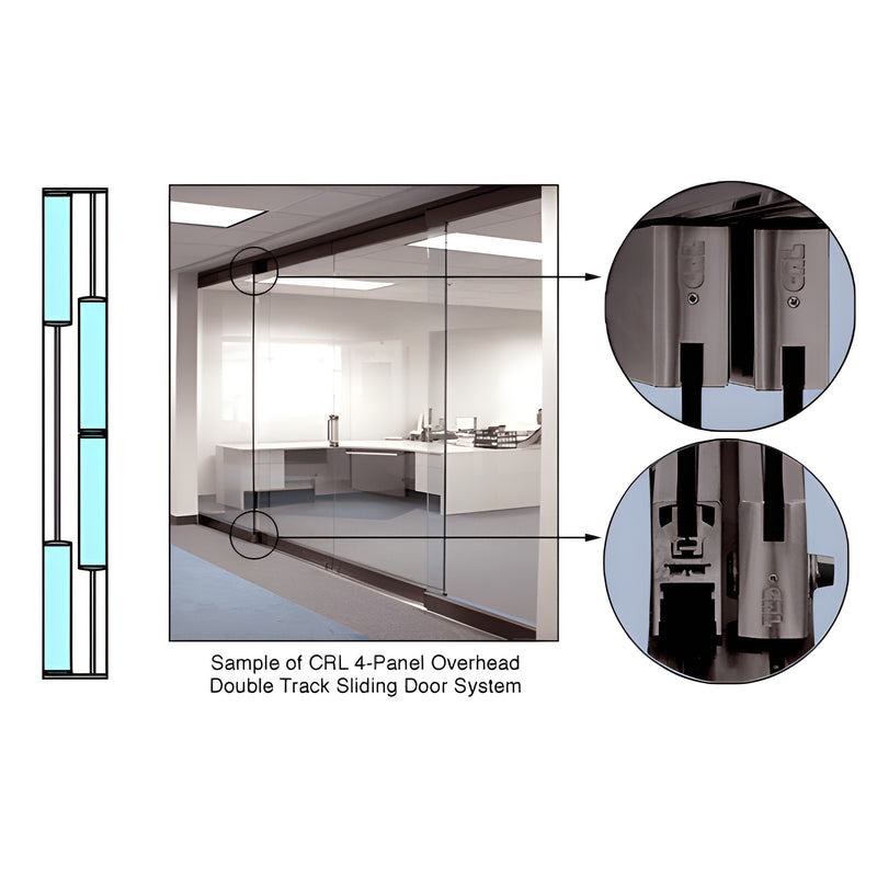 A diagram and photo showing the CRL 4-panel overhead double track sliding door system with black bronze anodized hardware and glass panels.