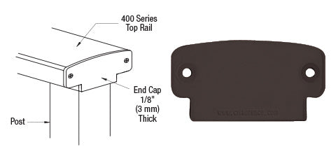 A technical diagram showing the installation of a matte bronze 400 Series decorative end cap onto a top rail.