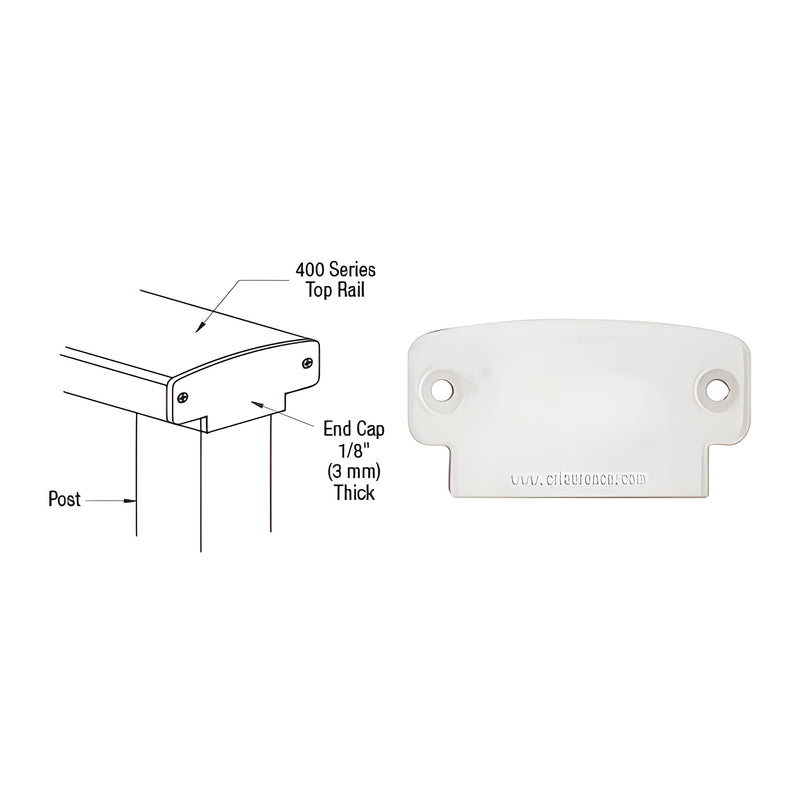A technical diagram showing the installation of a Sky White decorative end cap on a 400 Series top rail alongside a front view of the white end cap.
