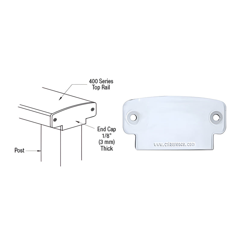 A technical diagram and product view showing the clear anodized aluminum 400 Series decorative end cap attached to a top rail.