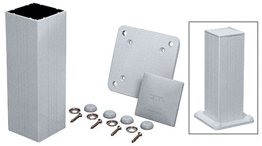 The CRL 48-inch aluminum post kit includes a square post, base plate, cover, and mounting hardware shown disassembled and assembled.