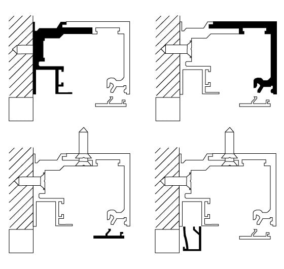 Technical line drawings showing the cross-section profile and installation details of the CRL 490/495 series aluminum top track.
