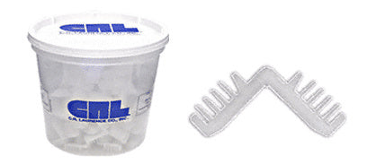 A plastic container of CRL 5/16 inch white nylon corner keys alongside a single ribbed nylon corner connector.