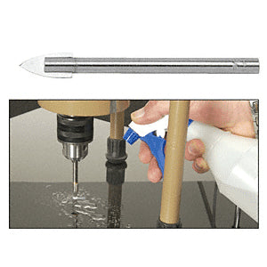 A 5/16 inch spearpoint glass drill bit shown alone and in use with a drill and coolant spray on a glass surface.