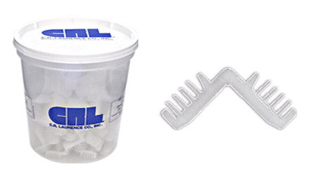 A plastic container of white 5/8 inch nylon corner keys and a single corner key component displayed next to it.