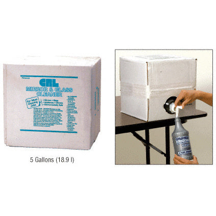 A 5-gallon box of CRL Mirror and Glass Cleaner is shown alongside a person dispensing the liquid into a spray bottle.