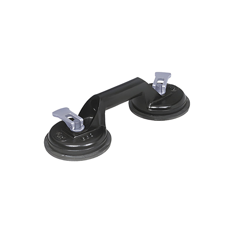 A CRL heavy-duty double vacuum cup with a black steel frame and two 5-inch suction pads featuring silver release levers.
