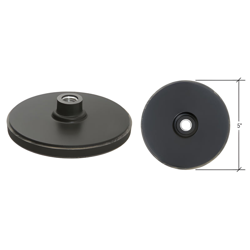 A side and top view of the black CRL 5-inch medium density disc pad showing the threaded center mount.