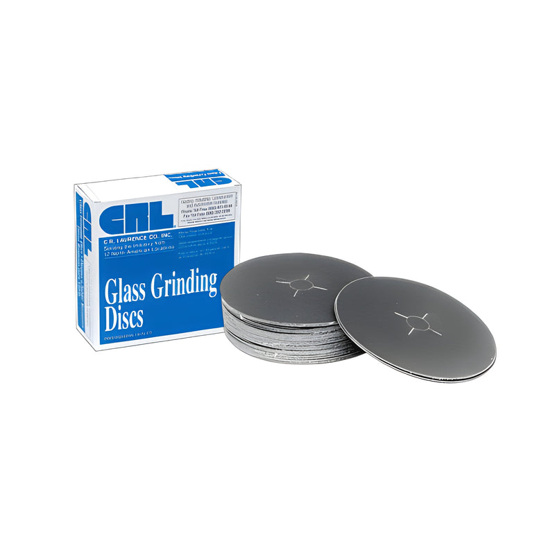 A stack of 6-inch diameter 60X grit polyester back sanding discs next to a C.R. Laurence glass grinding disc box.
