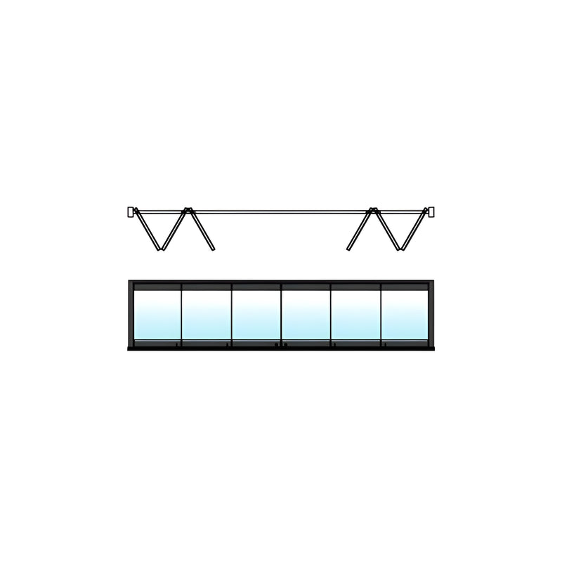 A technical diagram showing a 6-panel bi-fold door system with a gloss black finish and a biparting track configuration.